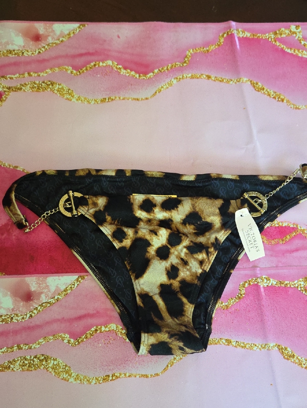 Victoria's Secret Black and Brown Leopard Chain Bikini Bottoms